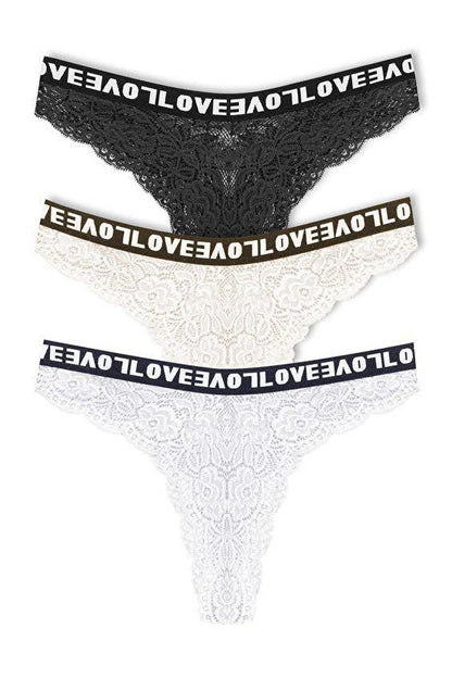 Brazilian Cut Lace LOVE Elastic High Waist Women's Panties 3-Piece