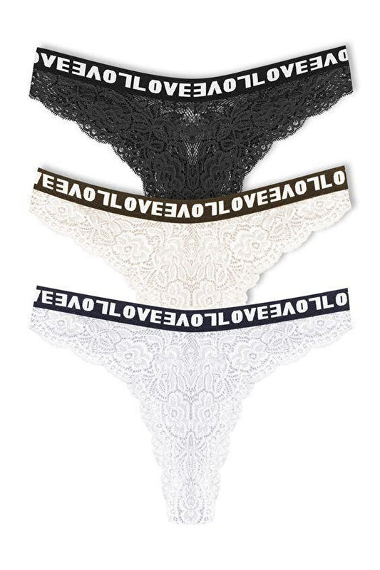 Brazilian Cut Lace LOVE Elastic High Waist Women's Panties 3-Piece