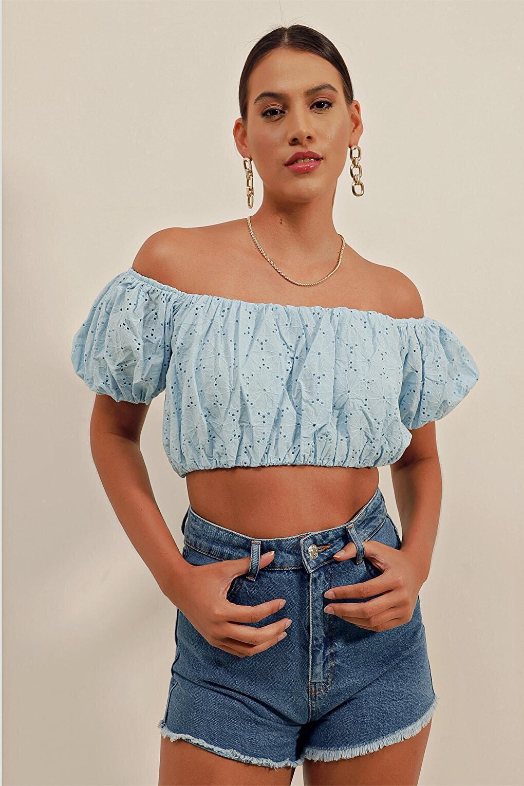 0481 Scalloped Strapless Blouse - Blue