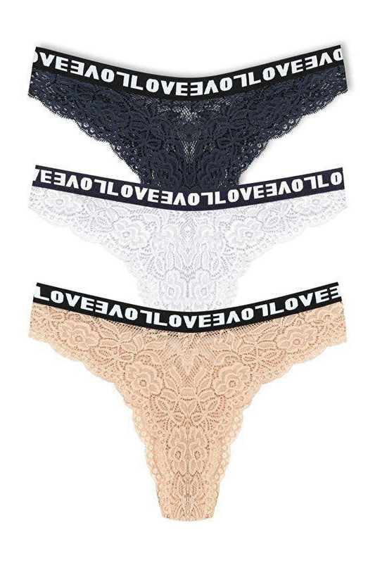 Brazilian Cut Lace LOVE Elastic High Waist Women's Panties 3-Piece