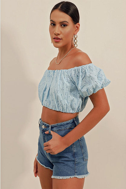 0481 Scalloped Strapless Blouse - Blue