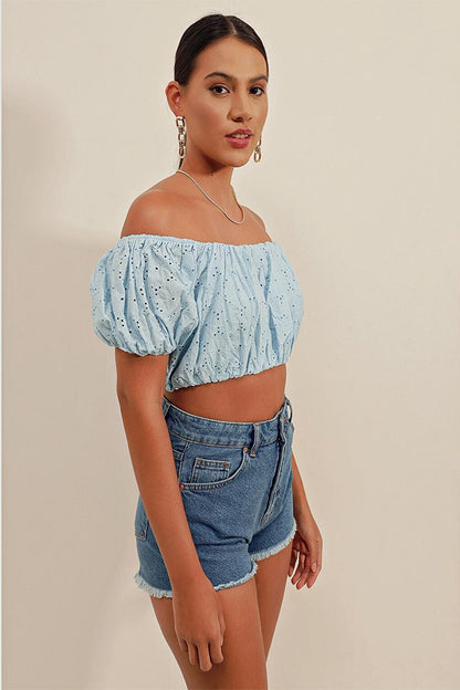 0481 Scalloped Strapless Blouse - Blue