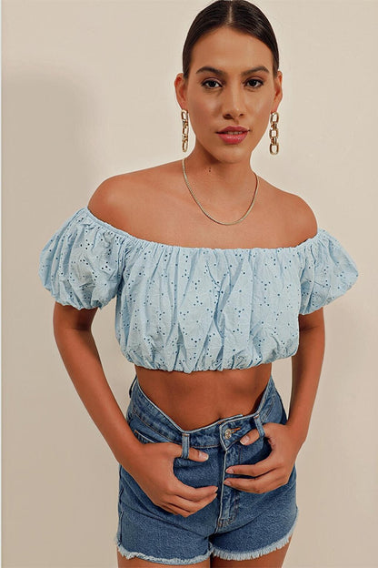 0481 Scalloped Strapless Blouse - Blue