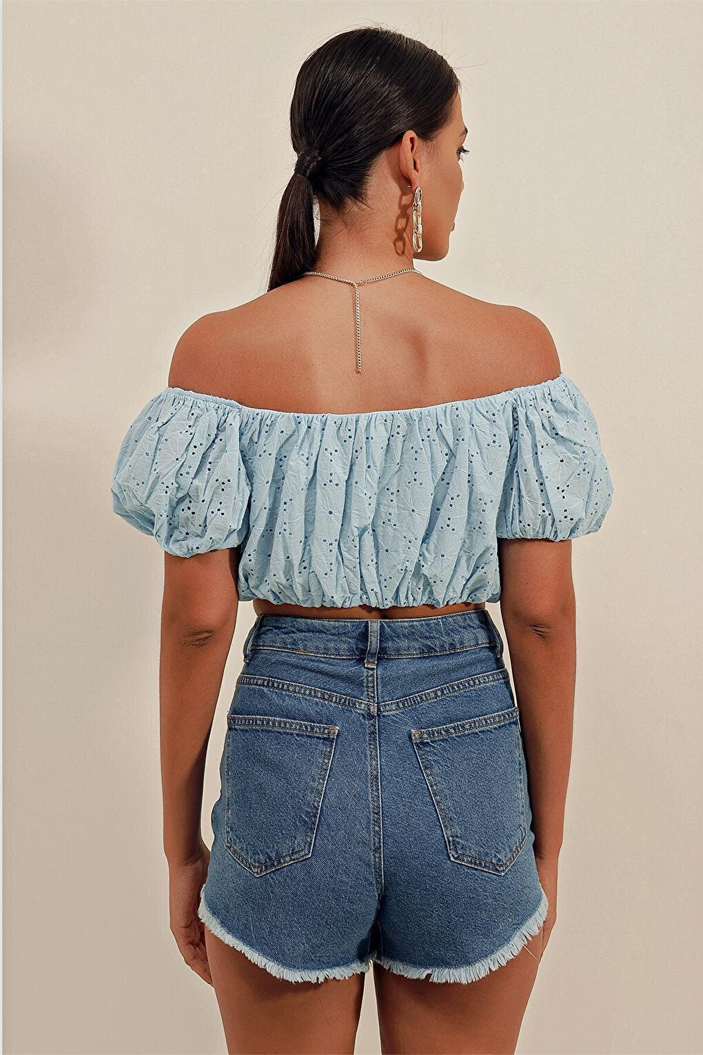 0481 Scalloped Strapless Blouse - Blue