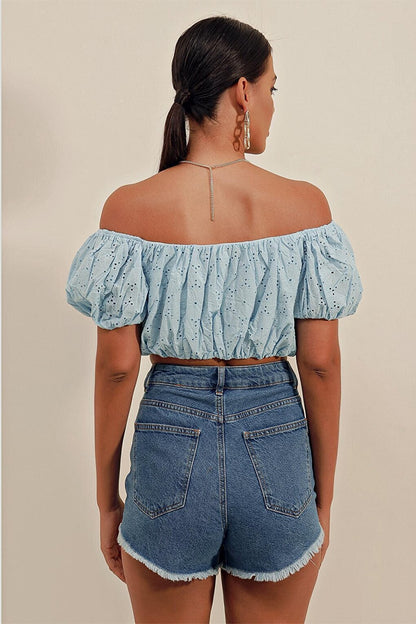 0481 Scalloped Strapless Blouse - Blue