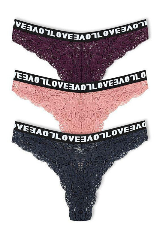 Brazilian Cut Lace LOVE Elastic High Waist Women's Panties 3-Piece