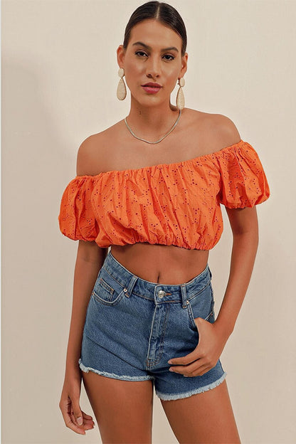 0481 Scalloped Strapless Blouse - Orange