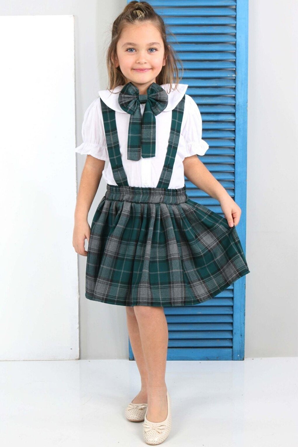 Plaid Patterned Bow Detailed Green Skirt Salopet 2-12 Years