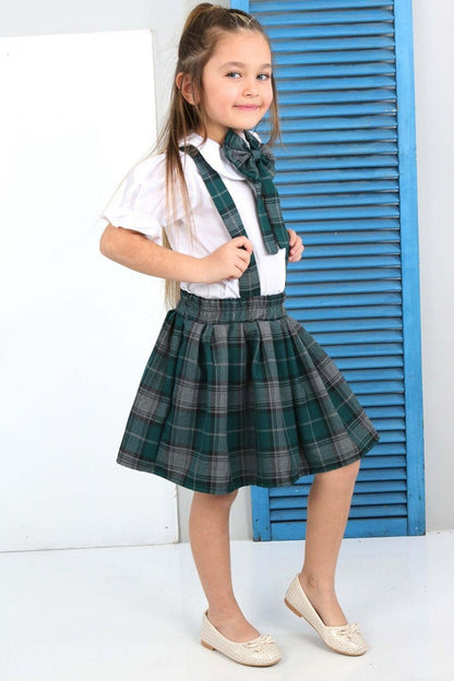 Plaid Patterned Bow Detailed Green Skirt Salopet 2-12 Years