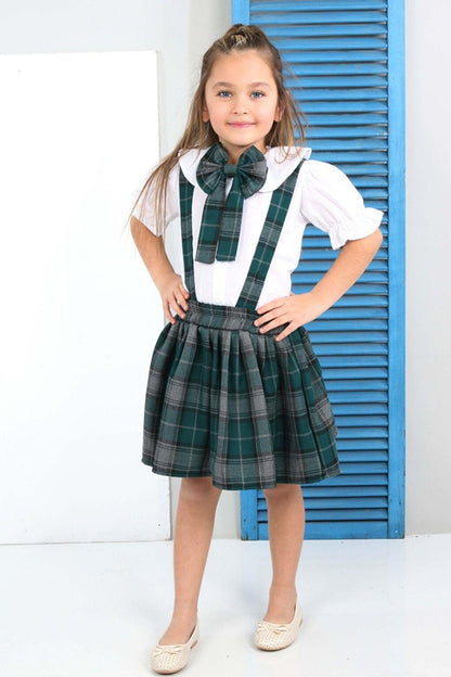 Plaid Patterned Bow Detailed Green Skirt Salopet 2-12 Years