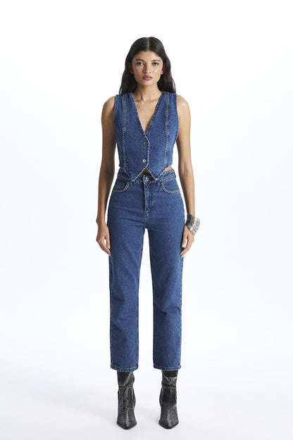 Blue High Waist Troc Detailed Straight Jeans