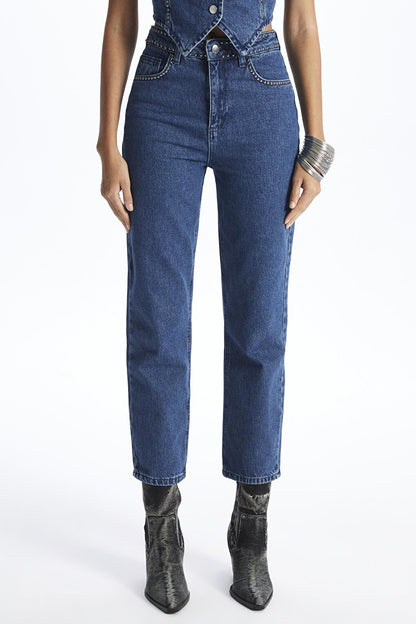 Blue High Waist Troc Detailed Straight Jeans