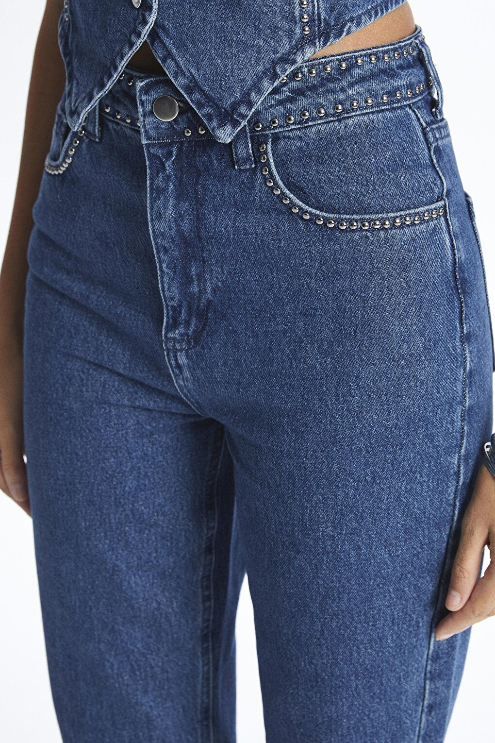 Blue High Waist Troc Detailed Straight Jeans