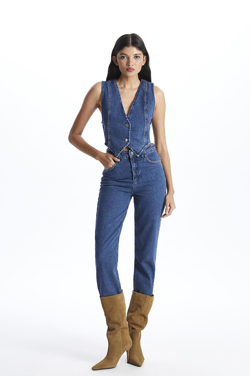 Blue High Waist Troc Detailed Straight Jeans