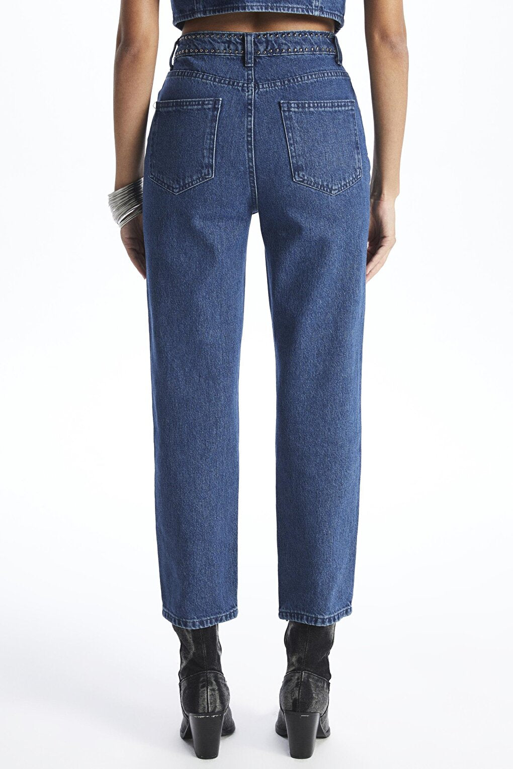 Blue High Waist Troc Detailed Straight Jeans