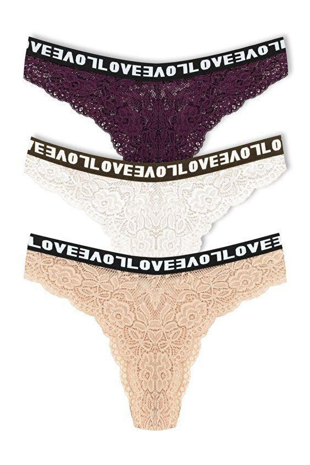 Brazilian Cut Lace LOVE Elastic High Waist Women's Panties 3-Piece