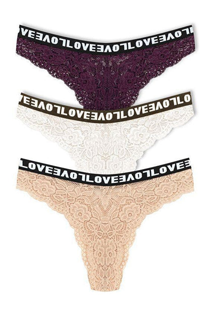 Brazilian Cut Lace LOVE Elastic High Waist Women's Panties 3-Piece