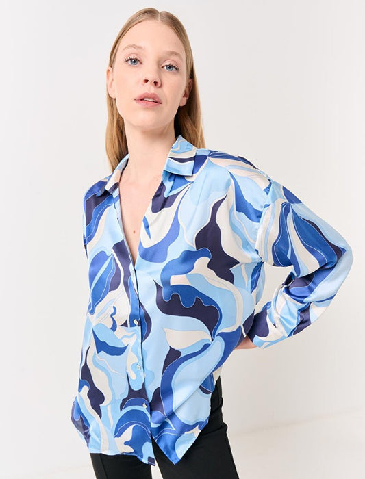 Blue Long Sleeve Patterned Stylish Satin Shirt