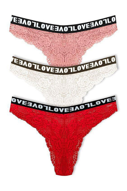 Brazilian Cut Lace LOVE Elastic High Waist Women's Panties 3-Piece