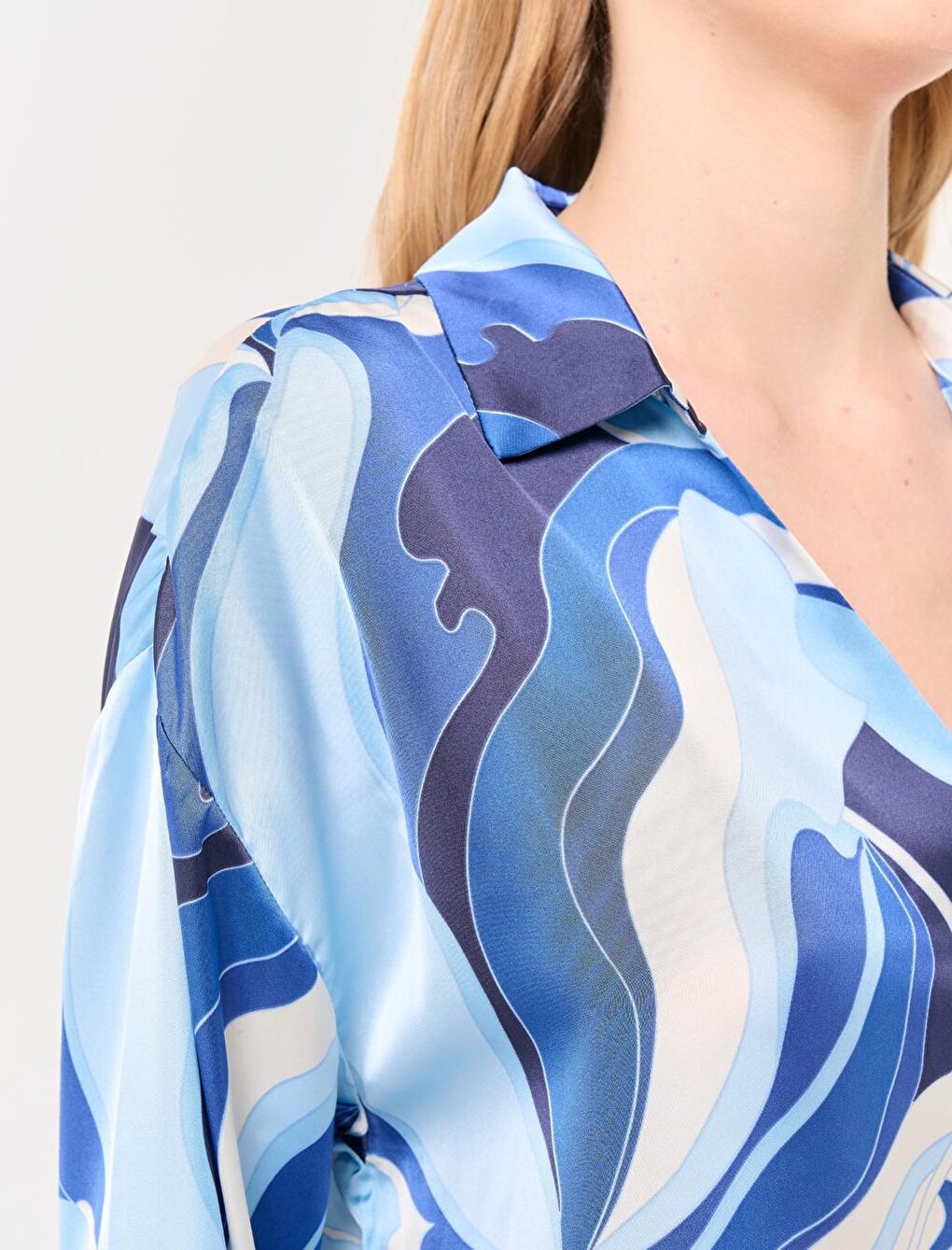 Blue Long Sleeve Patterned Stylish Satin Shirt