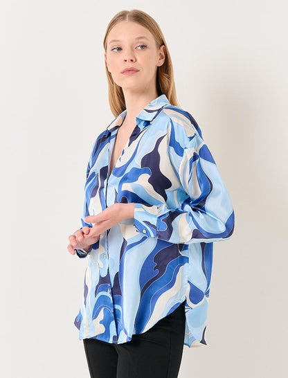 Blue Long Sleeve Patterned Stylish Satin Shirt