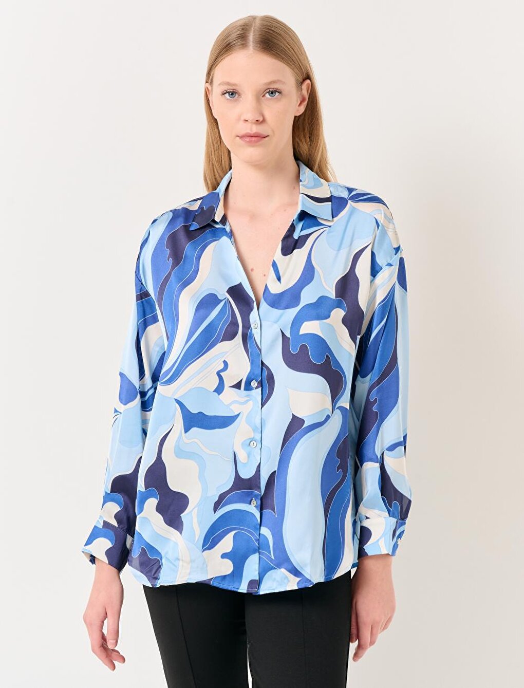 Blue Long Sleeve Patterned Stylish Satin Shirt