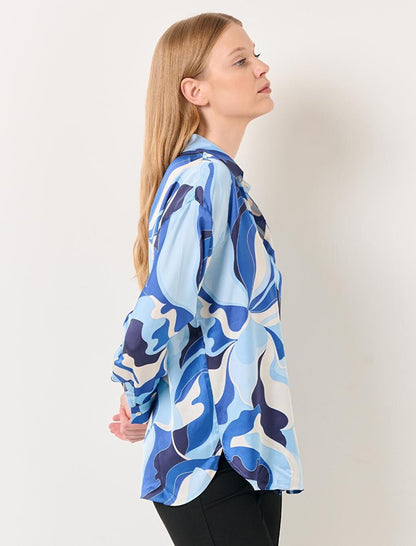 Blue Long Sleeve Patterned Stylish Satin Shirt