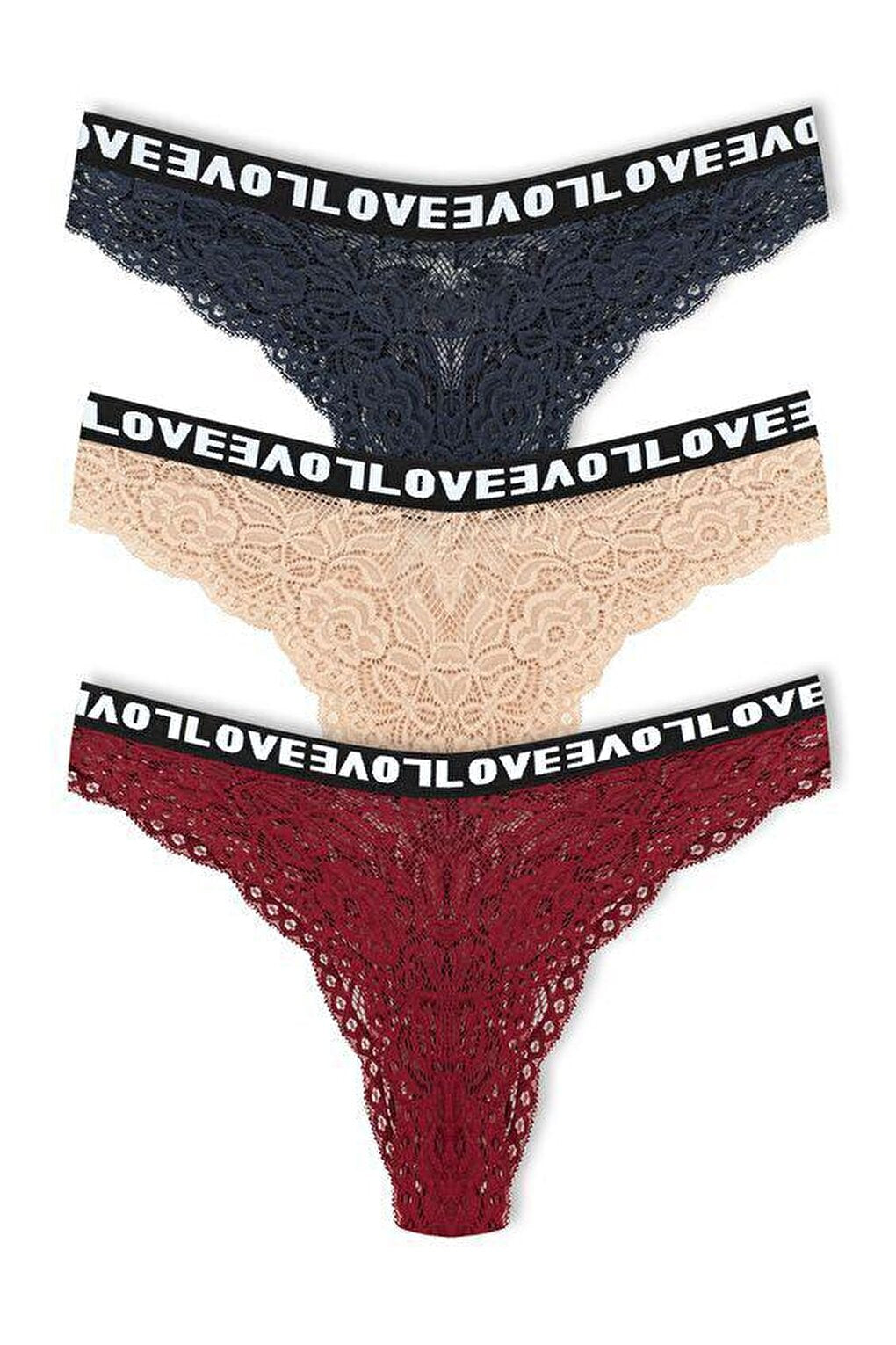 Brazilian Cut Lace LOVE Elastic High Waist Women's Panties 3-Piece