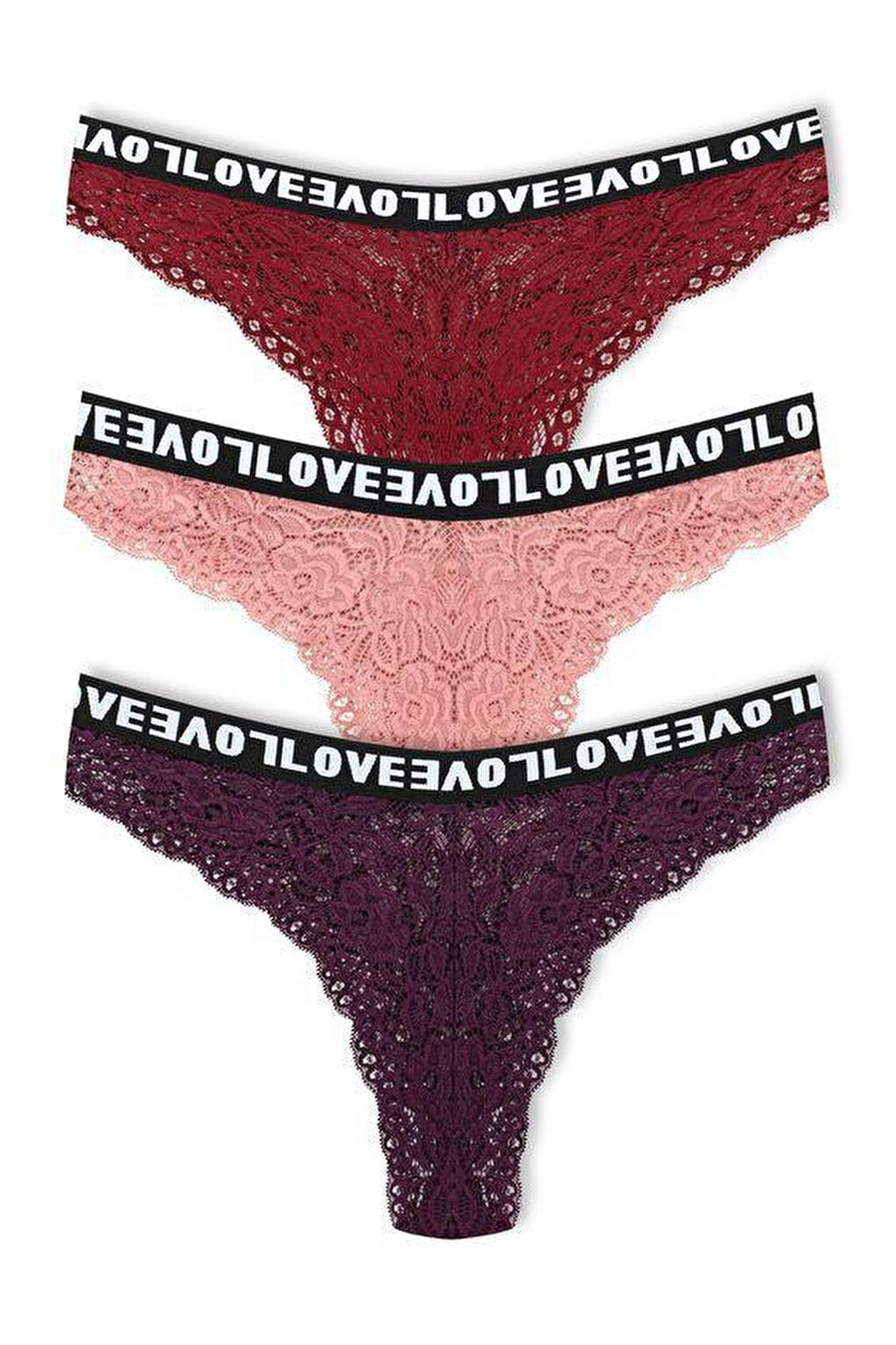 Brazilian Cut Lace LOVE Elastic High Waist Women's Panties 3-Piece