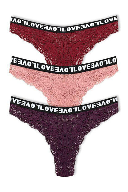 Brazilian Cut Lace LOVE Elastic High Waist Women's Panties 3-Piece