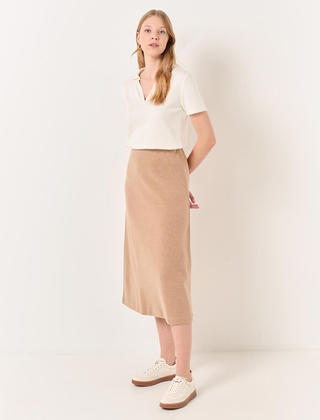 Beige High Waist Soft Textured Midi Skirt