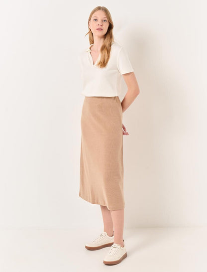 Beige High Waist Soft Textured Midi Skirt