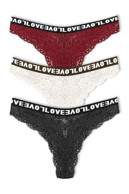 Brazilian Cut Lace LOVE Elastic High Waist Women's Panties 3-Piece