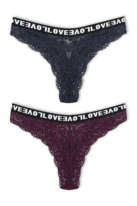 Brazilian Cut Lace LOVE Elastic High Waist Women's Panties 2-Piece