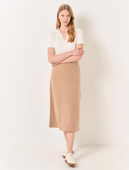 Beige High Waist Soft Textured Midi Skirt