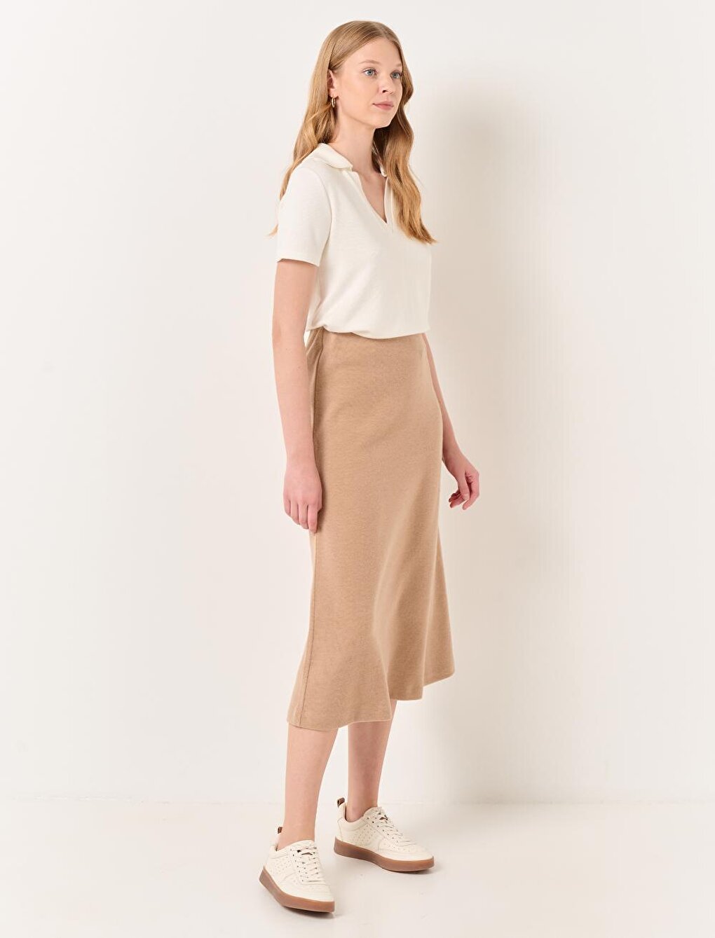 Beige High Waist Soft Textured Midi Skirt