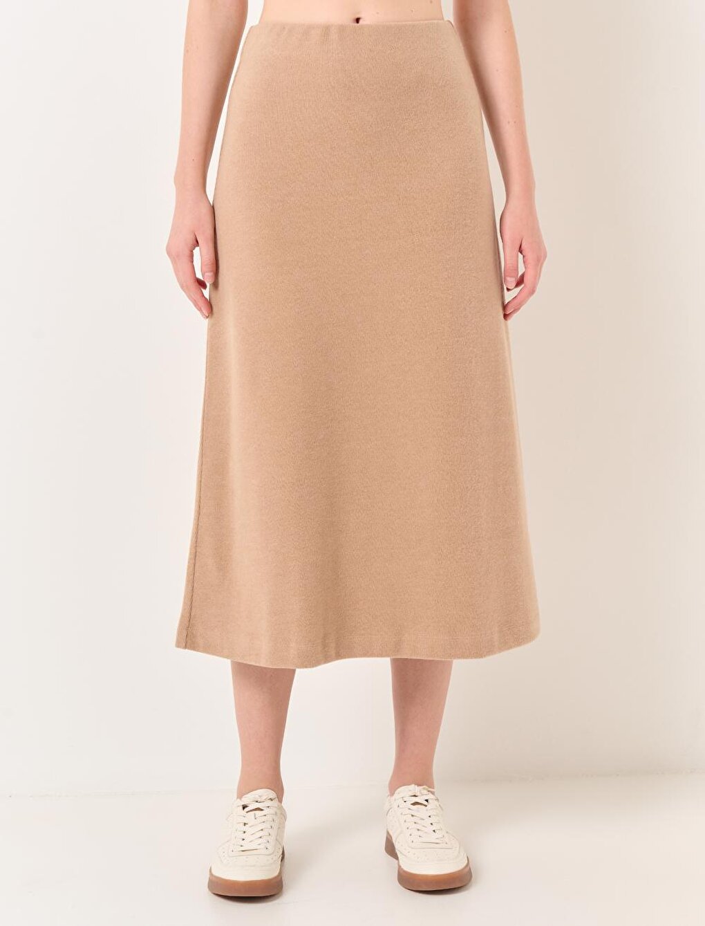 Beige High Waist Soft Textured Midi Skirt