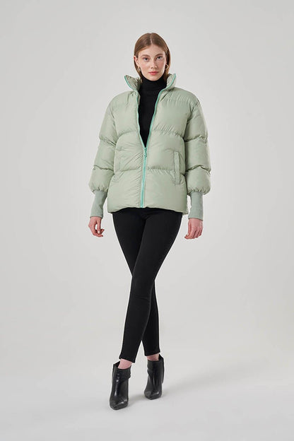 Green Puffer Jacket with Ribbed Sleeves