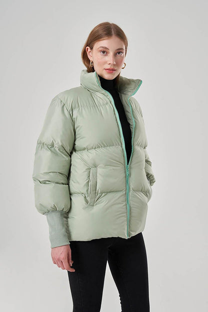 Green Puffer Jacket with Ribbed Sleeves