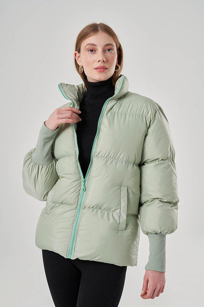 Green Puffer Jacket with Ribbed Sleeves