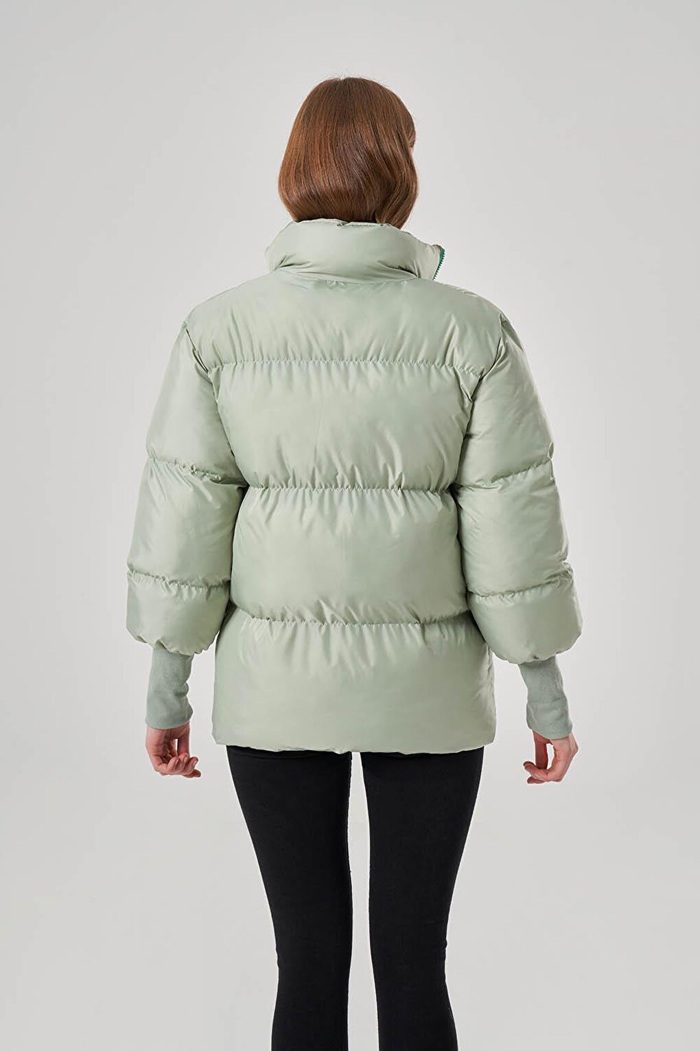 Green Puffer Jacket with Ribbed Sleeves