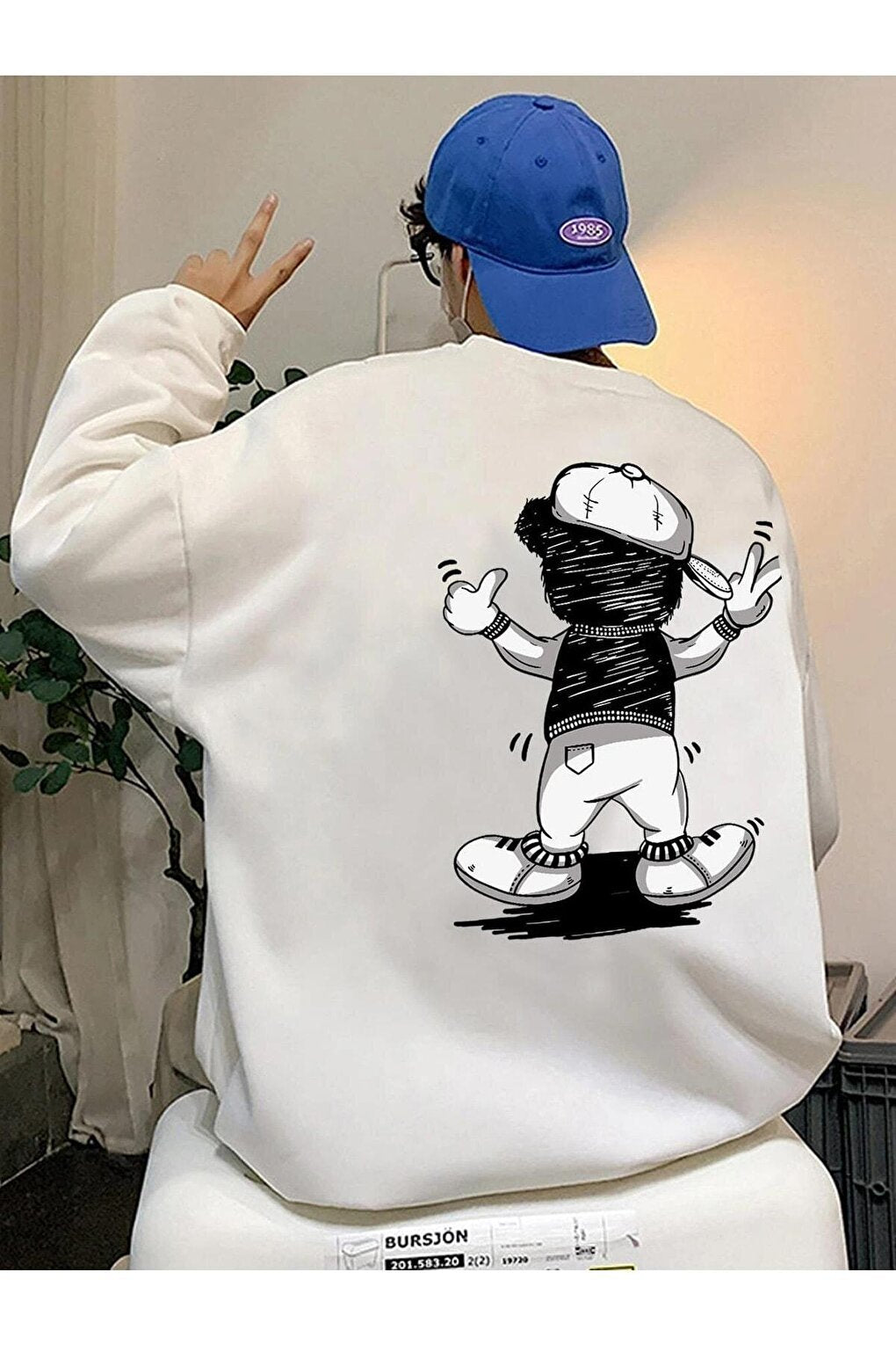 Men's WHITE Hatted Teddy Bear Printed Oversize Sweatshirt