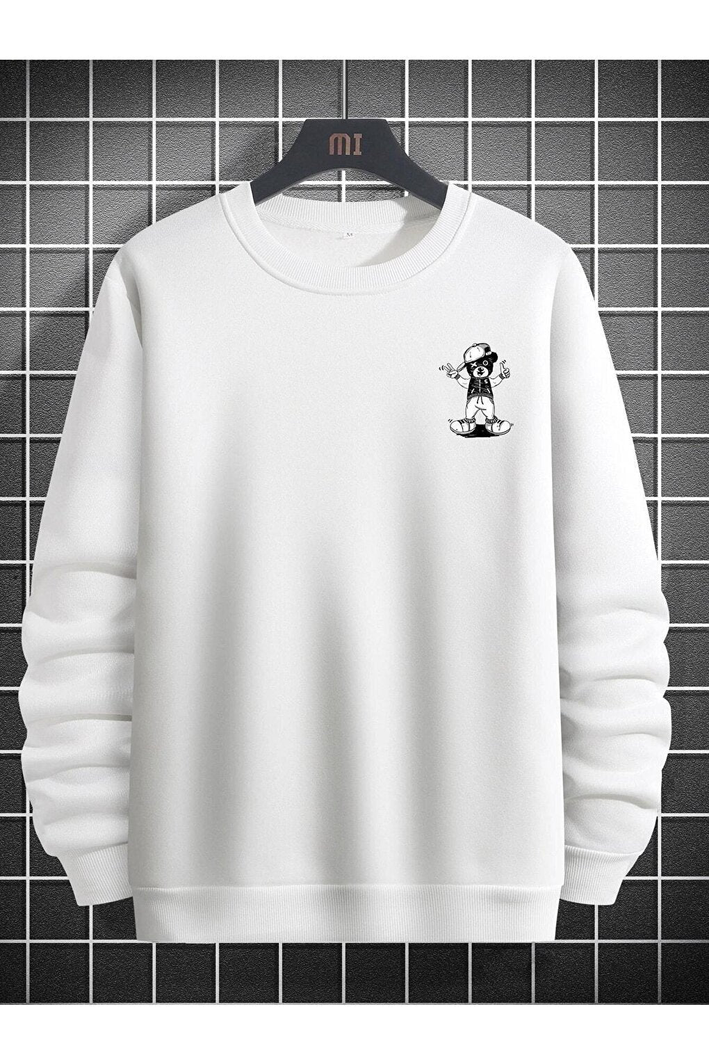 Men's WHITE Hatted Teddy Bear Printed Oversize Sweatshirt