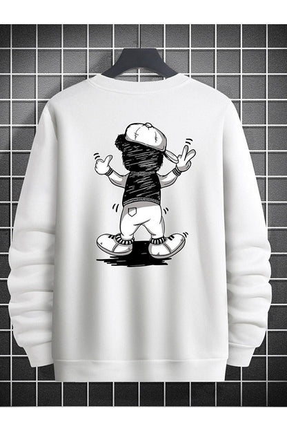 Men's WHITE Hatted Teddy Bear Printed Oversize Sweatshirt