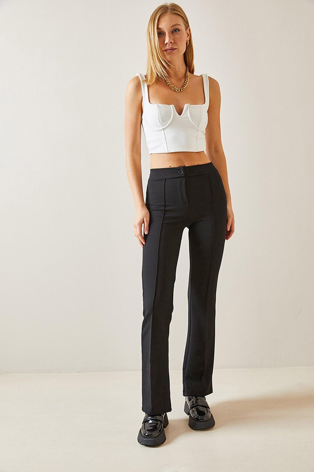 Black High Waist Stitching Detailed Trousers 4KXK5-47665-02