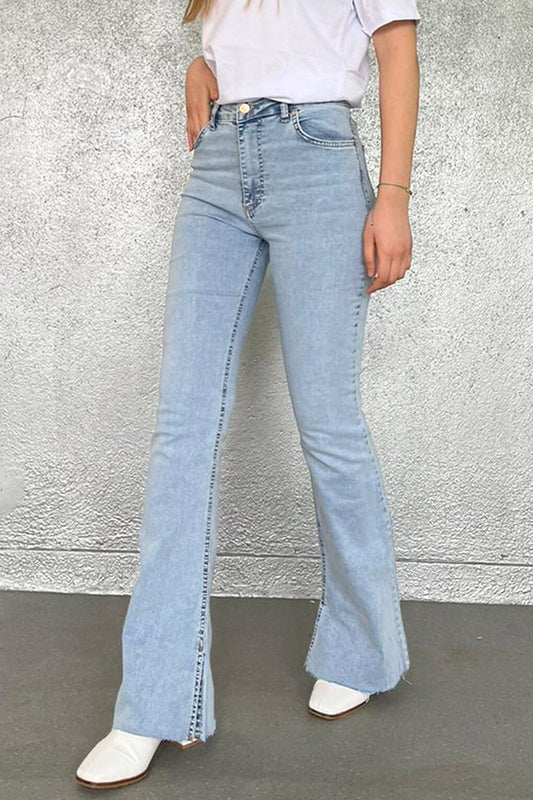 Women's Ice Blue Slit Lycra Flared Jean Trousers Mg1518