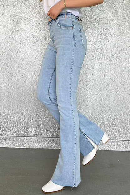 Women's Ice Blue Slit Lycra Flared Jean Trousers Mg1518