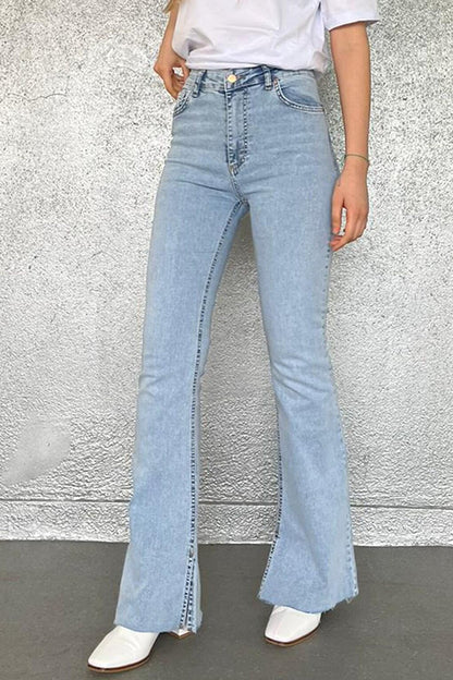 Women's Ice Blue Slit Lycra Flared Jean Trousers Mg1518