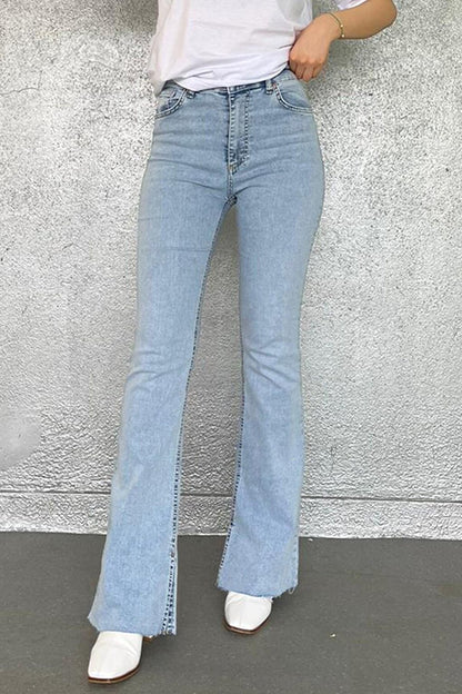 Women's Ice Blue Slit Lycra Flared Jean Trousers Mg1518