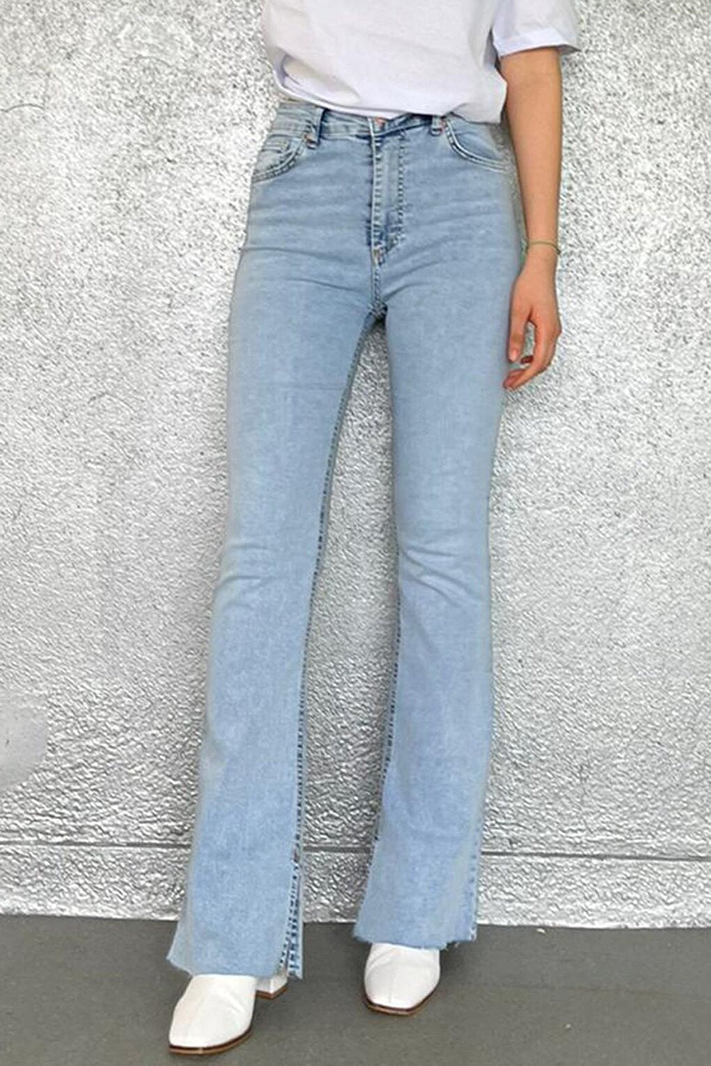 Women's Ice Blue Slit Lycra Flared Jean Trousers Mg1518